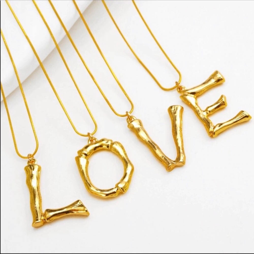 NEW GOLD BAMBOO INITIAL STATEMENT NECKLACE - Picture 2 of 8